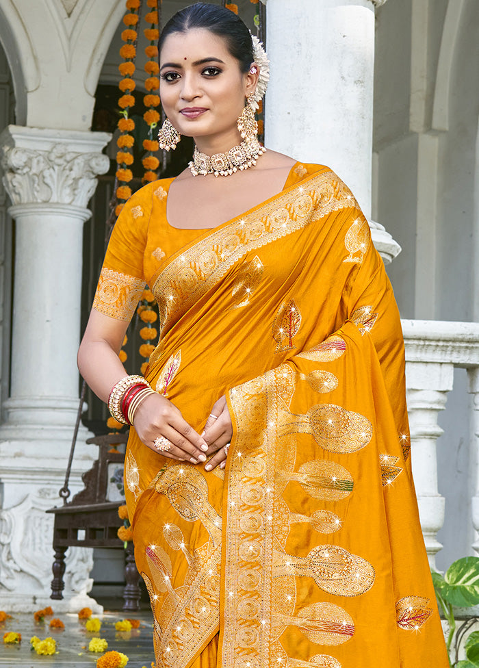 Yellow Spun Silk Saree With Blouse Piece Cheap Pice Store