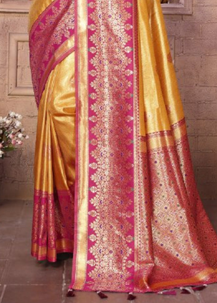 Yellow Banarasi Silk Saree With Blouse Piece Free Shipping 100% Original