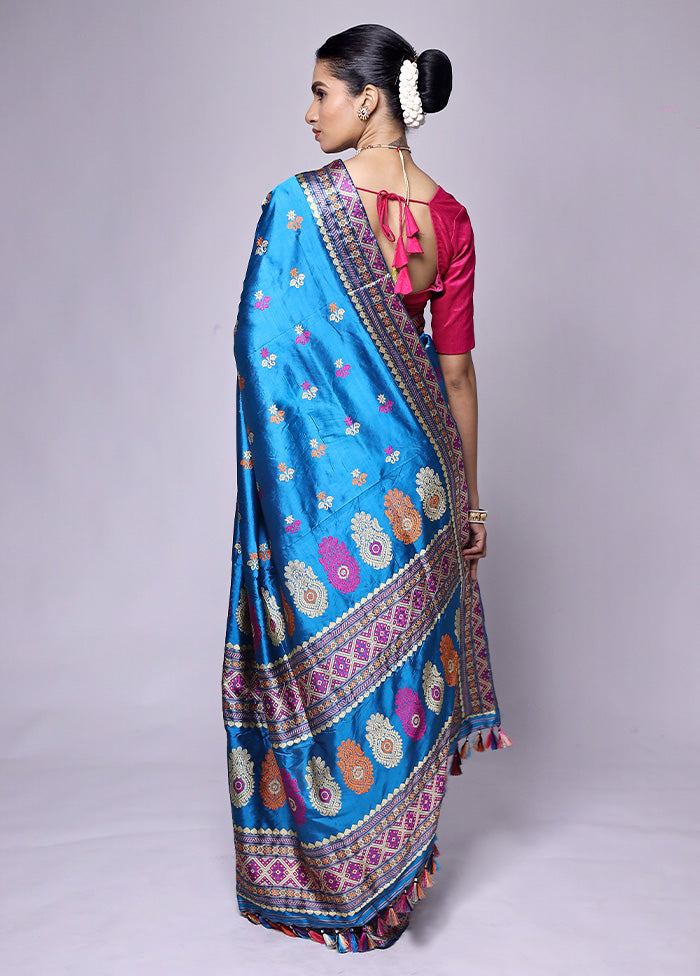 Blue Handloom Assam Pure Silk Saree With Blouse Piece Clearance Low Shipping