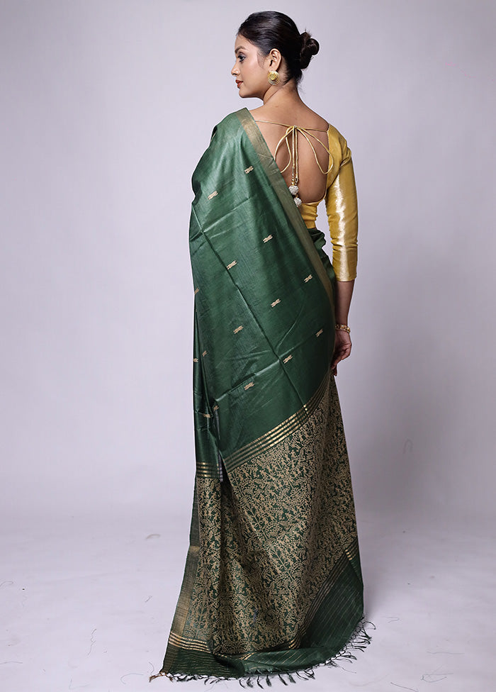 Green Handloom Tussar Pure Silk Saree With Blouse Piece Free Shipping Online