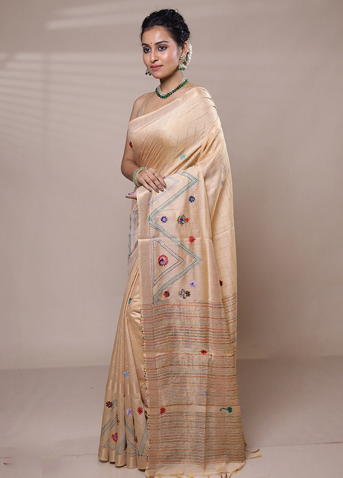 Yellow Tussar Silk Saree With Blouse Piece Discount Official Site