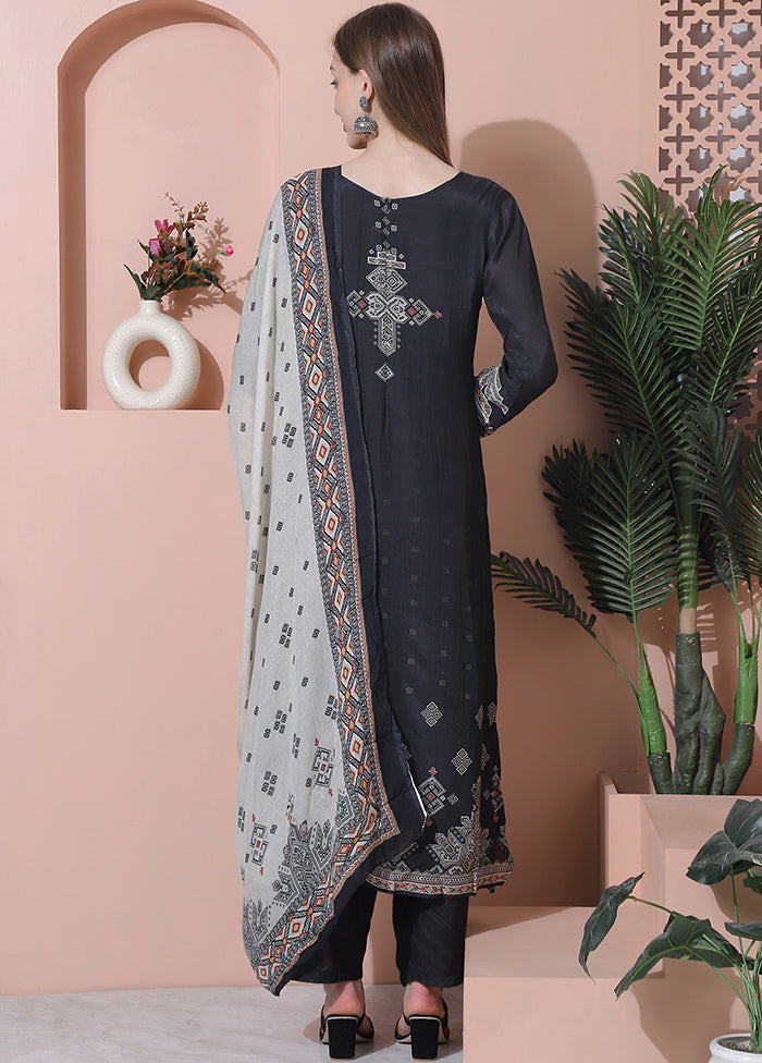 3 Pc Black Semi Stitched Silk Suit Set Discount Newest