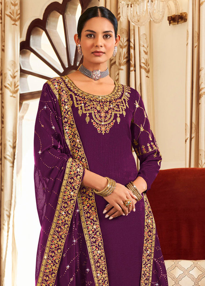 3 Pc Purple Pure Semi Stitched Silk Suit Set With Mastercard Online