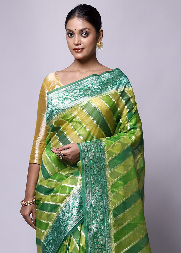 Green Organza Saree With Blouse Piece Free Shipping 100% Guaranteed