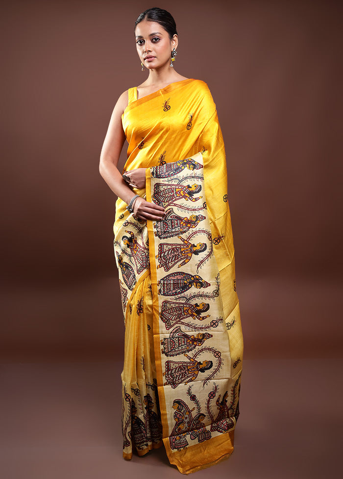 Yellow Printed Pure Silk Saree Without Blouse Piece Cheap Sale Brand New Unisex