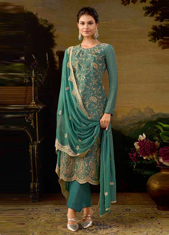 3 Pc Blue Semi Stitched Silk Suit Set Outlet 100% Original