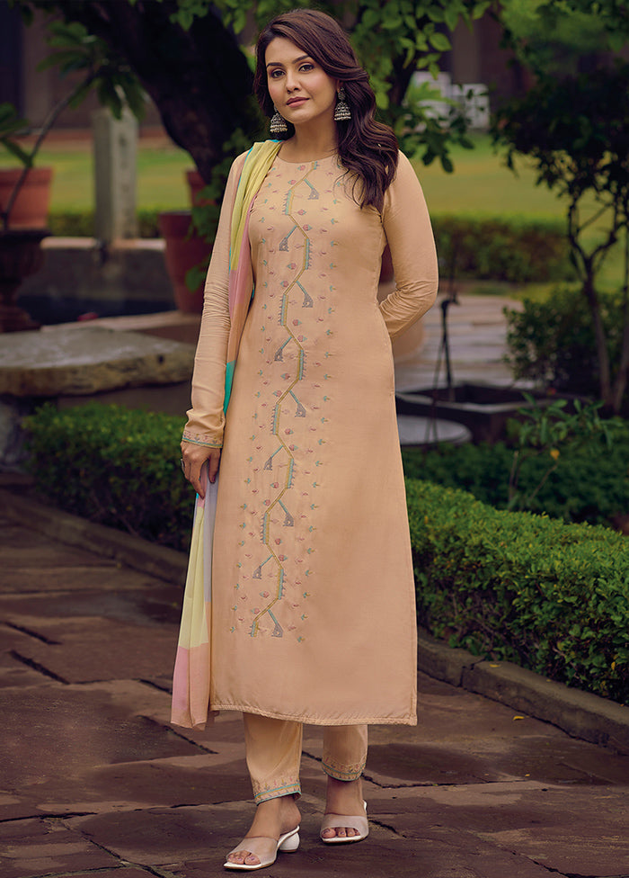 3 Pc Peach Unstitched Silk Suit Set Geniue Stockist For Sale