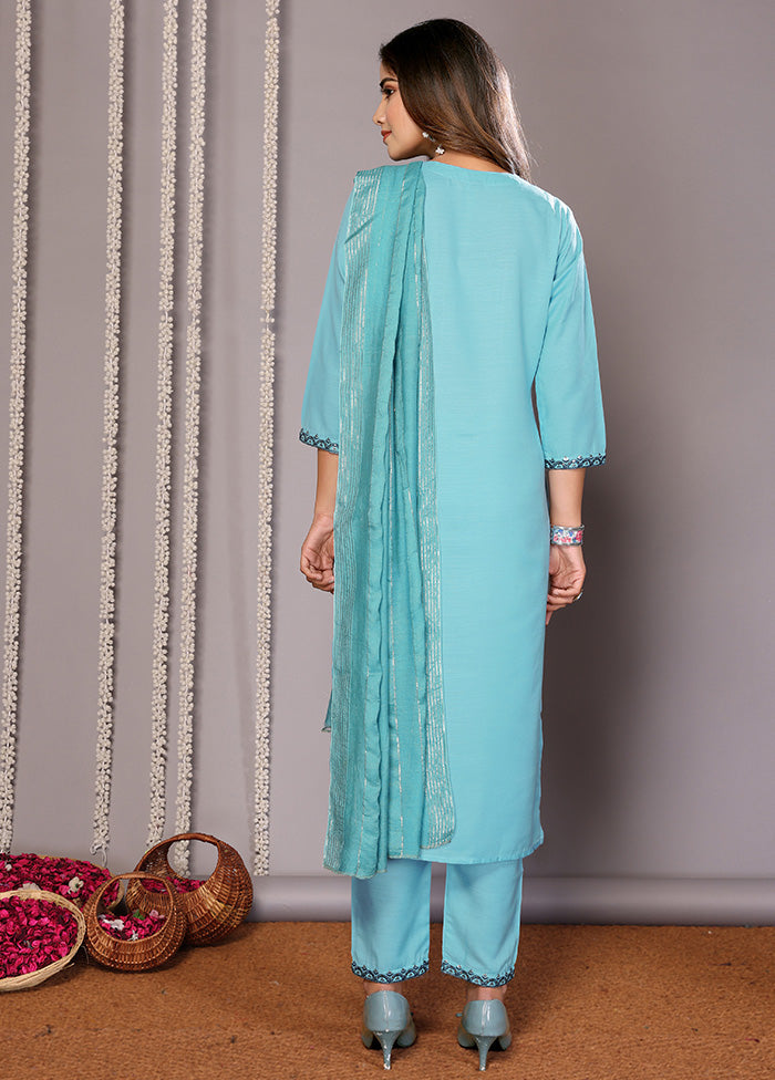 3 Pc Turquoise Blue Readymade Cotton Suit Set Collections Online