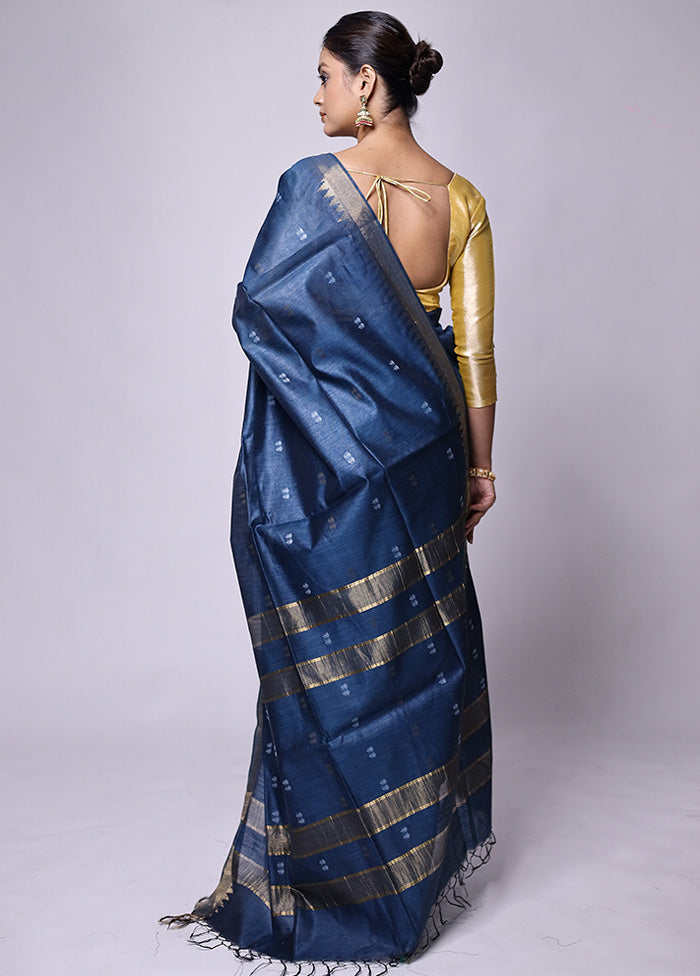 Blue Tussar Silk Saree With Blouse Piece Limited Edition Sale Online