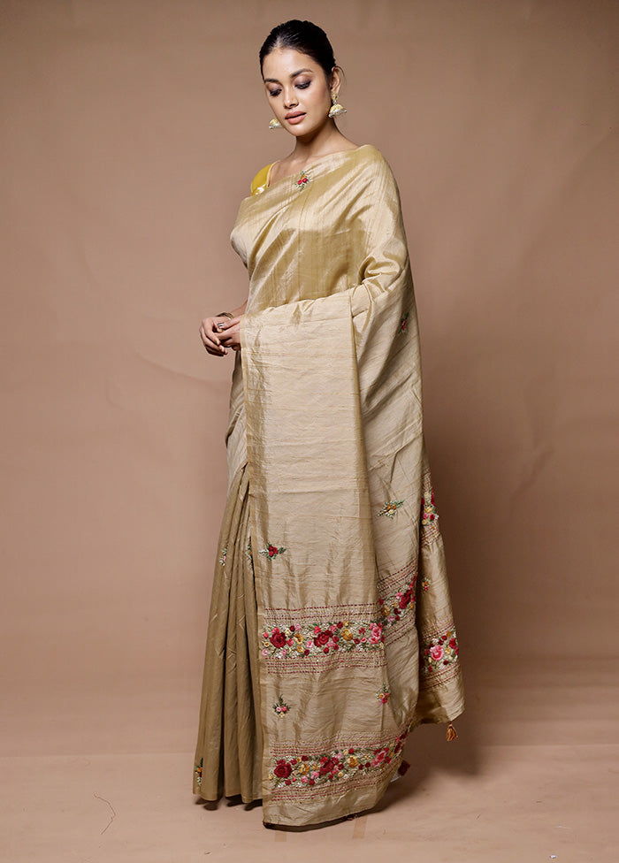 Cream Tussar Silk Saree With Blouse Piece Discount Popular