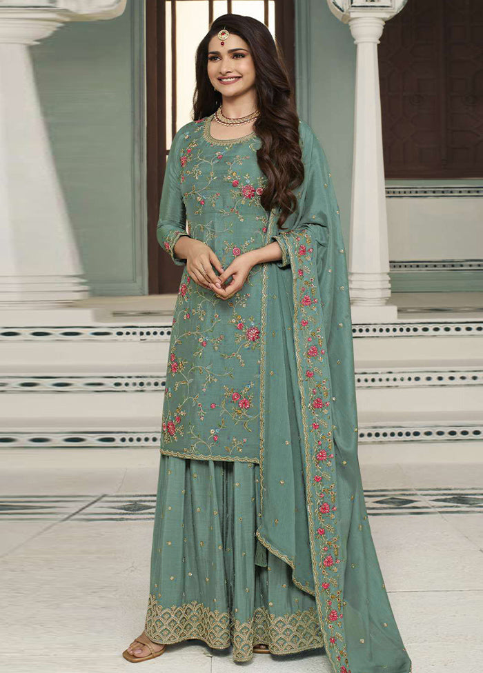 3 Pc Sea Blue Semi Stitched Viscose Suit Set Cheapest Sale Online