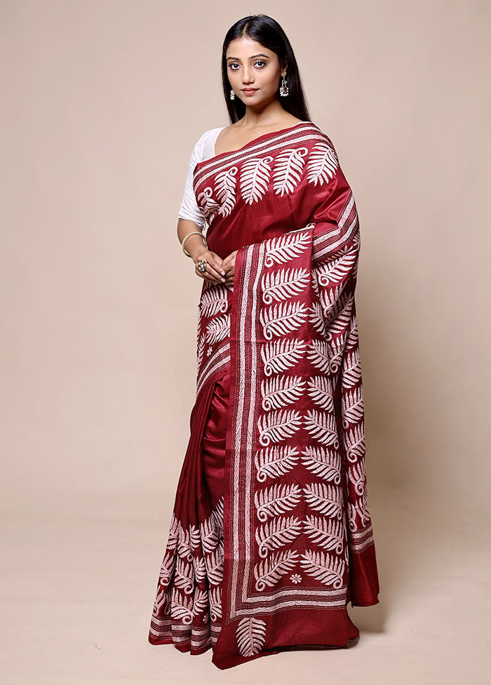 Red Handloom Kantha Stitch Pure Silk Saree With Blouse Piece Outlet New Arrival