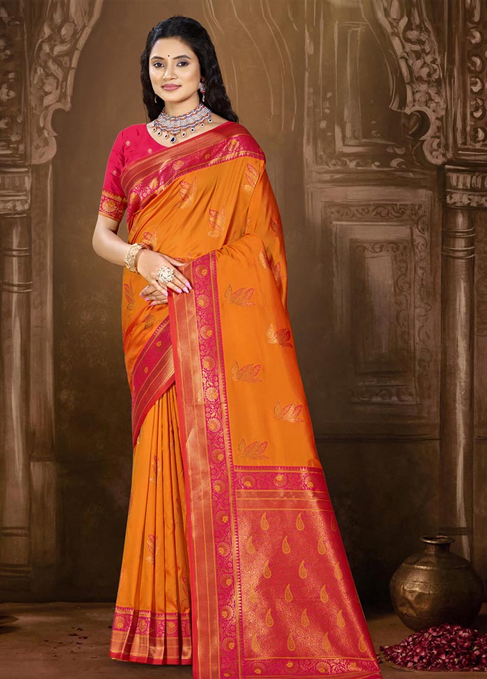 Orange Dupion Silk Saree With Blouse Piece Buy Online