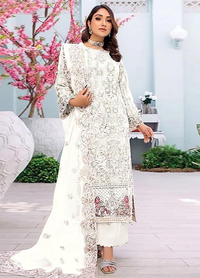 3 Pc White Semi Stitched Georgette Suit Set Discount Explore