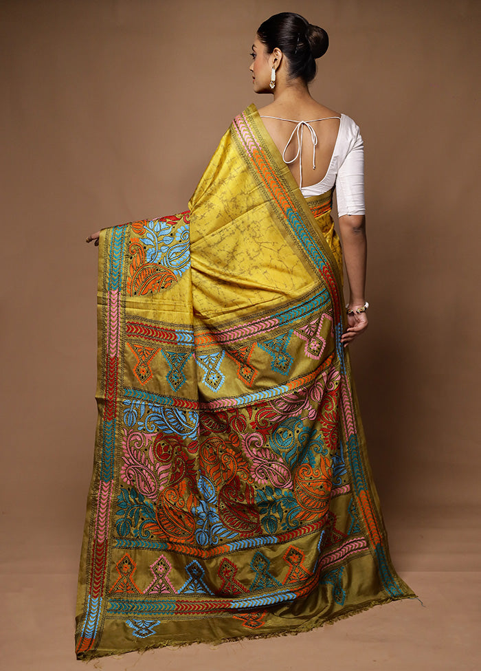 Green Kantha Stitch Silk Saree With Blouse Piece Clearance For Cheap