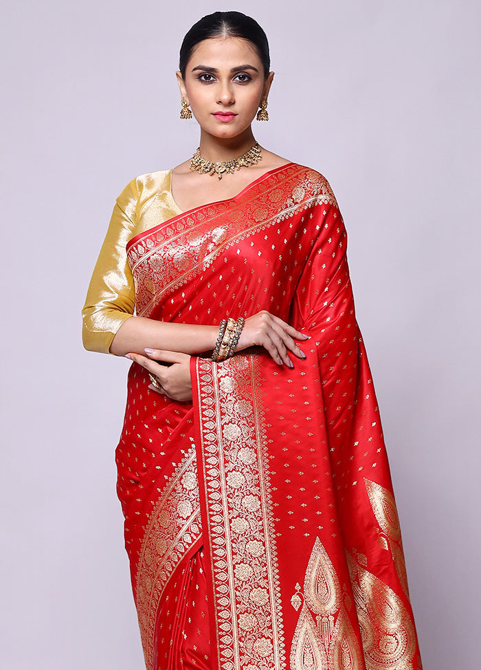 Red Banarasi Silk Saree With Blouse Piece Cheap Sale Finishline