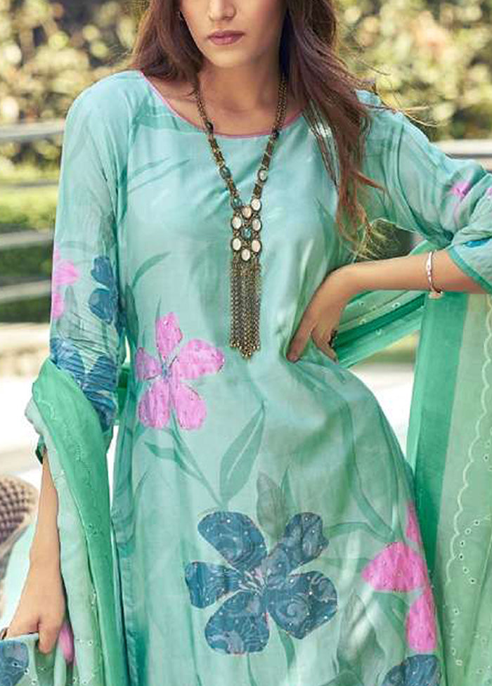 3 Pc Green Semi Stitched Silk Dupatta Suit Set Shop Offer Cheap Online