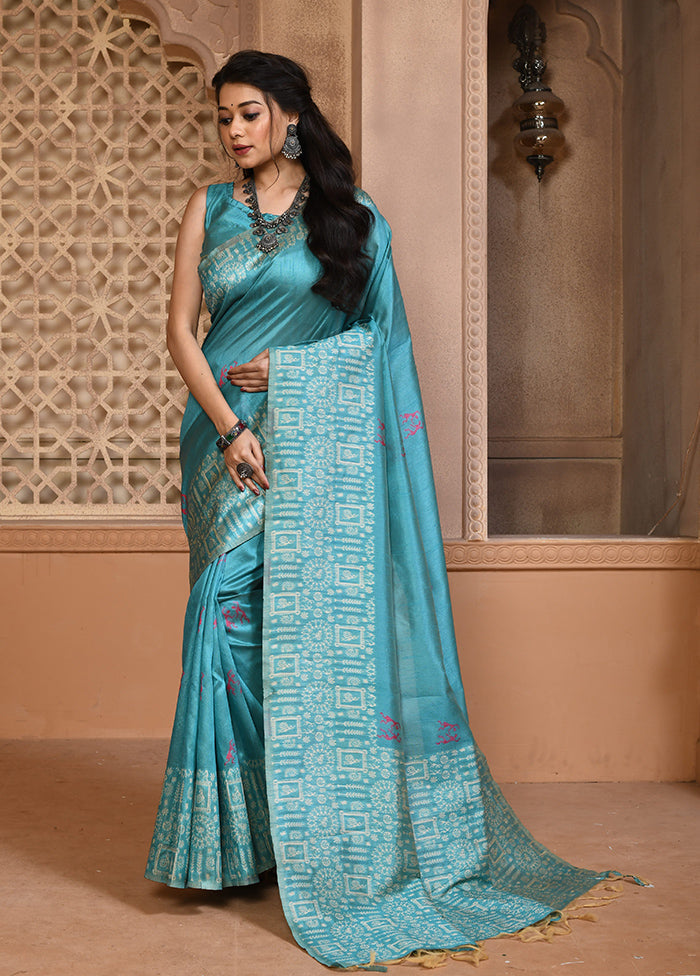 Firoza Spun Silk Saree With Blouse Piece Supply Cheap Pice