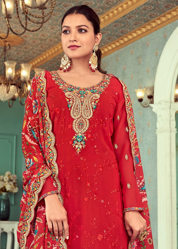 3 Pc Red Semi Stitched Georgette Suit Set Online Online Original