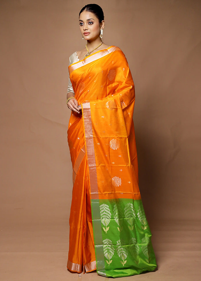 Orange Handloom Kanjivaram Pure Silk Saree With Blouse Piece Buy Cheap Best Pices