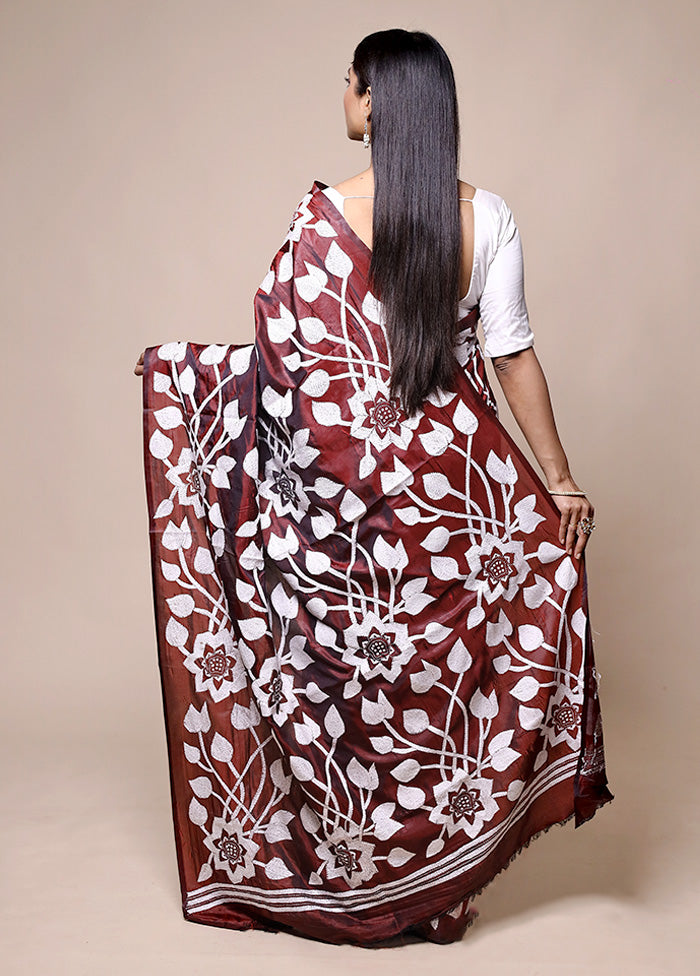 Brown Kantha Stitch Silk Saree With Blouse Piece Huge Surprise For Sale