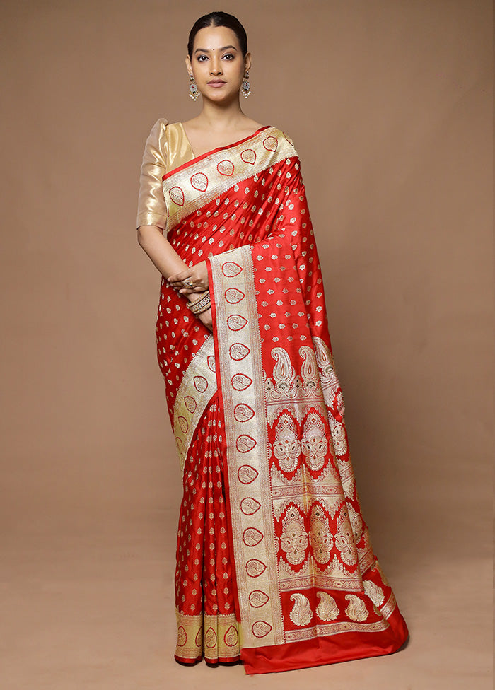 Red Handloom Banarasi Pure Silk Saree With Blouse Piece Shipping Outlet Store Online