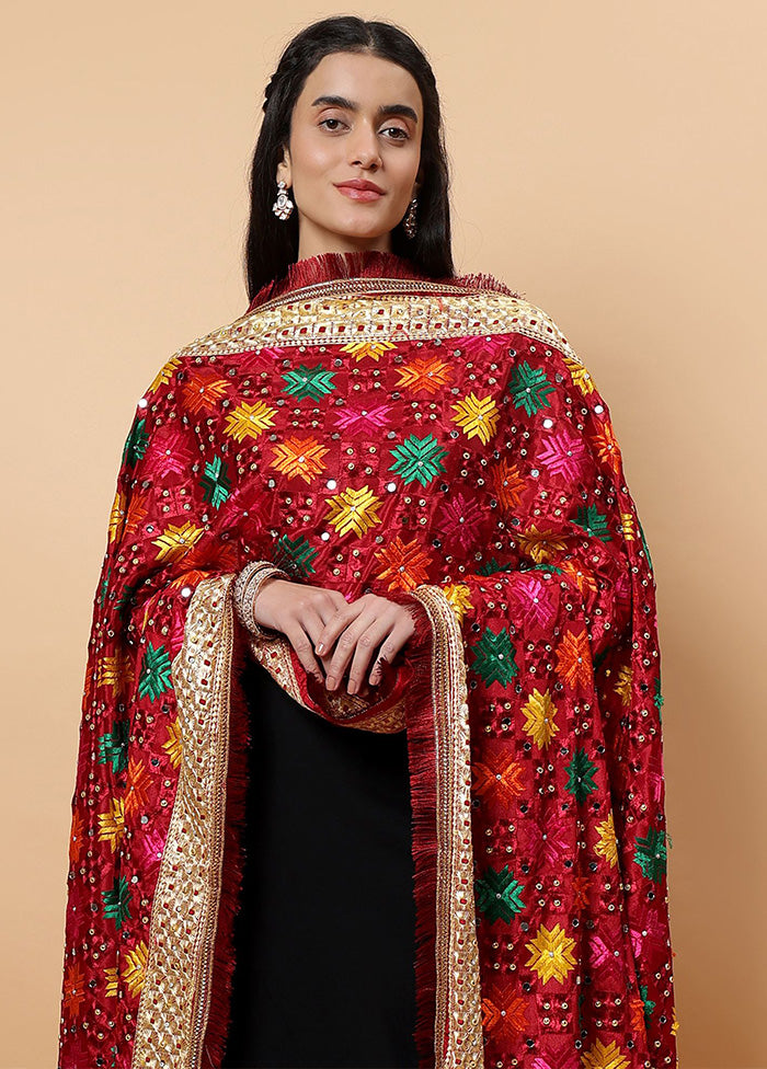 Maroon Chinon Phulkari Work Dupatta Free Shipping Very Cheap