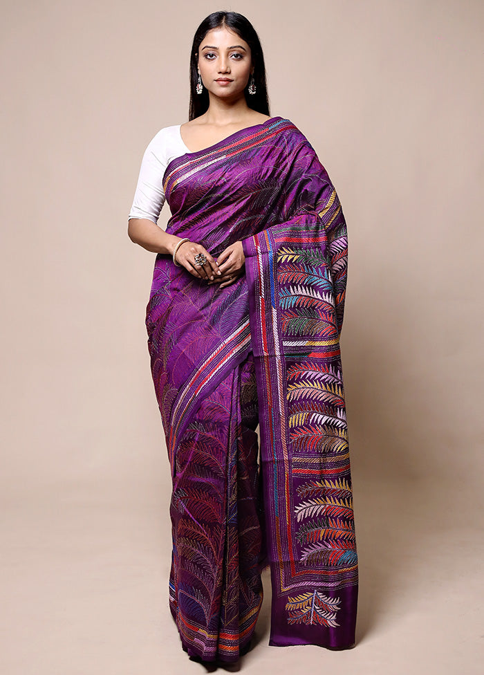 Purple Handloom Kantha Stitch Pure Silk Saree With Blouse Piece Free Shipping Best