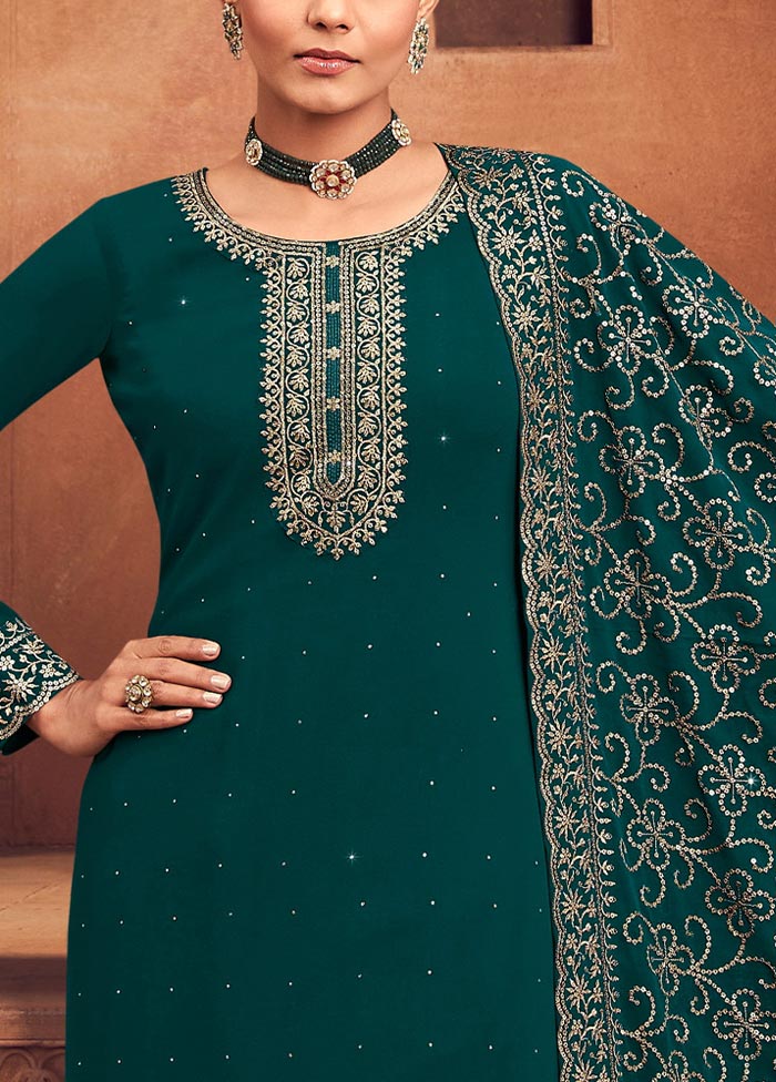 3 Pc Teal Green Semi Stitched Georgette Suit Set Limited Edition Cheap Pice