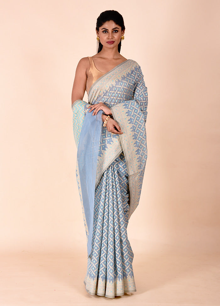 Blue Kora Silk Saree With Blouse Piece Brand New Unisex Cheap Online