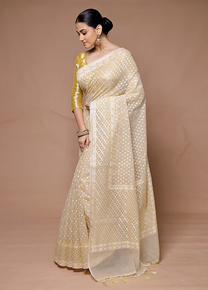 Cream Kora Silk Saree With Blouse Piece High Quality For Sale