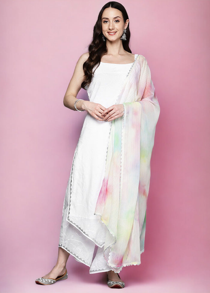 3 Pc White Pure Readymade Cotton Dupatta Suit Set Clearance Online