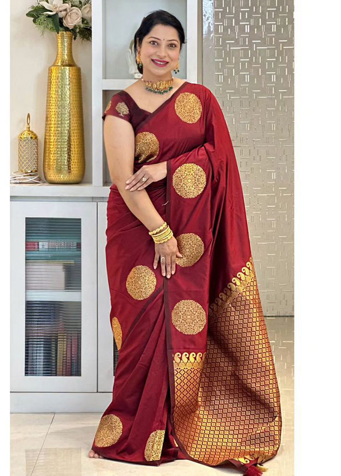 Maroon Banarasi Silk Saree With Blouse Piece Cheap Browse