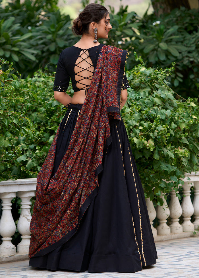 3 Pc Black Pure Cotton Semi Stitched Lehenga Set Excellent Sale Online