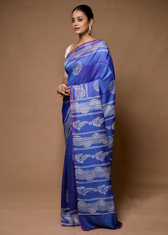 Blue Printed Pure Silk Saree Without Blouse Piece In China