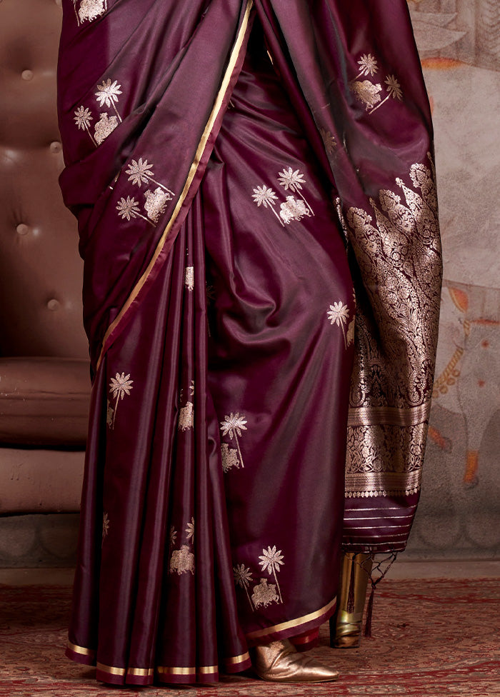 Wine Satin Silk Saree With Blouse Piece Cheap Sale 100% Original