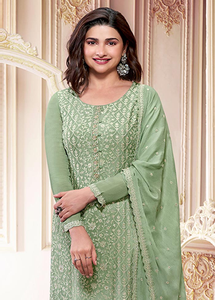 3 Pc Pista Green Semi Stitched Silk Suit Set Great Deals Sale Online