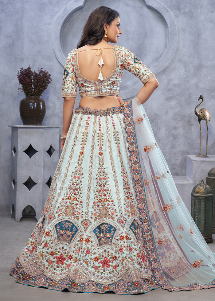 3 Pc Sky Blue Silk Semi Stitched Lehenga Set In China Sale Online