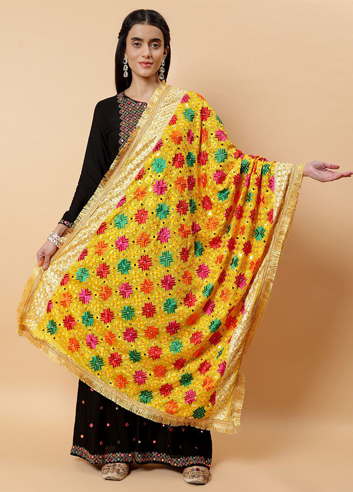 Yellow Chinon Phulkari Work Dupatta For Sale Online