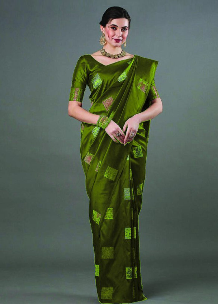 Mehendi Green Banarasi Silk Saree With Blouse Piece Free Shipping Original