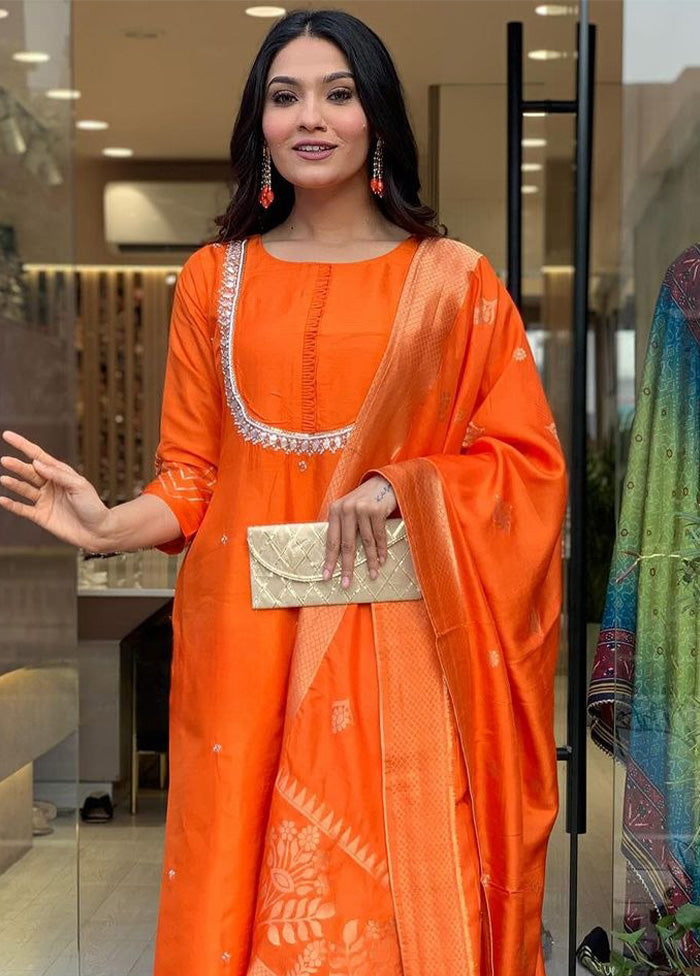 3 Pc Orange Readymade Viscose Dupatta Suit Set Footlocker Pictures Cheap Online