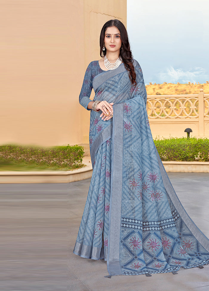 Grey Linen Silk Saree With Blouse Piece Extremely For Sale