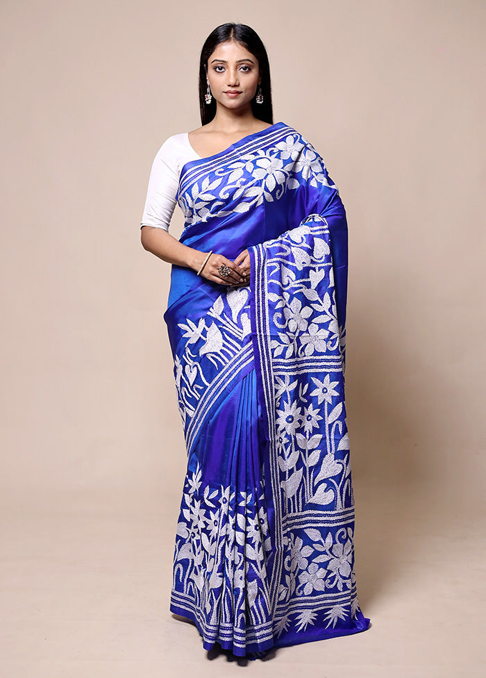 Blue Handloom Kantha Stitch Pure Silk Saree With Blouse Piece 100% Original Cheap Pice