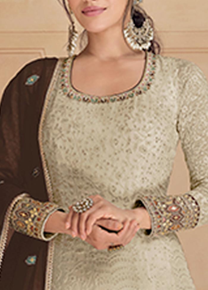 3 Pc Beige Semi Stitched Georgette Suit Set Cheap Sale View