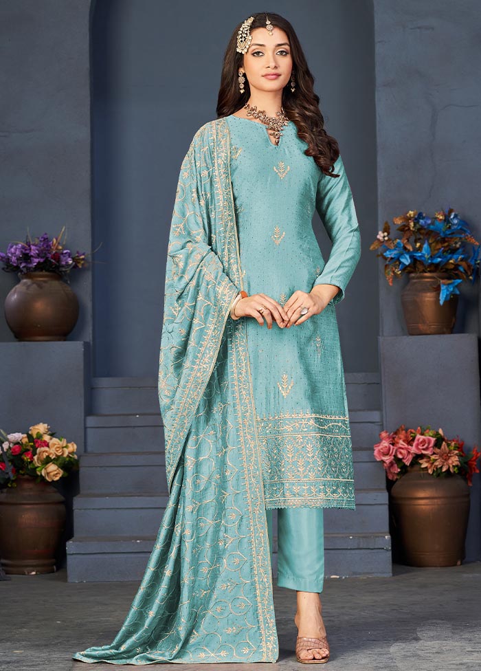 3 Pc Sky Blue Semi Stitched Georgette Suit Set Clearance Visit New