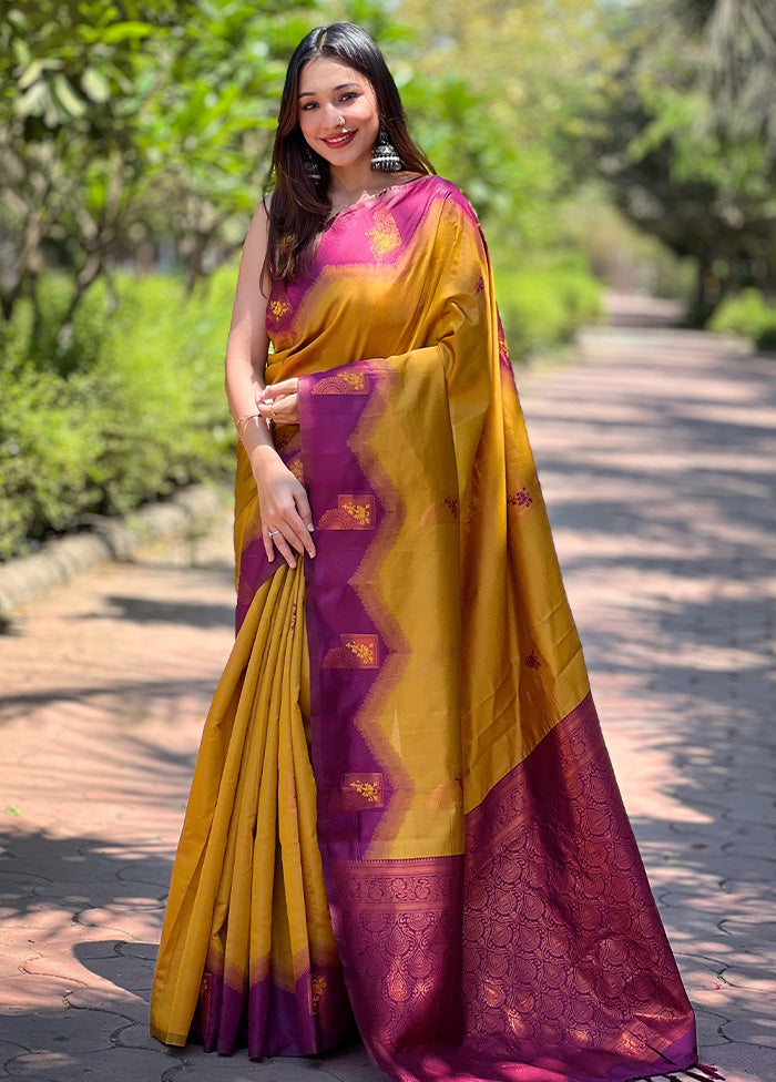 Mustard Banarasi Silk Saree With Blouse Piece Cheap Sale 2025