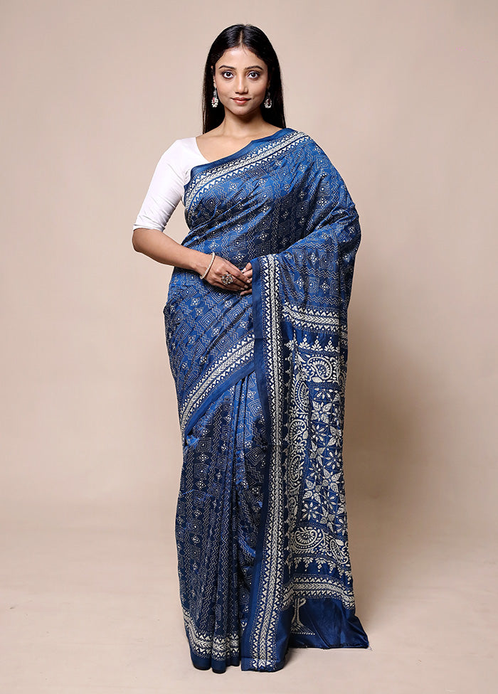 Blue Handloom Kantha Stitch Pure Silk Saree With Blouse Piece Websites For Sale