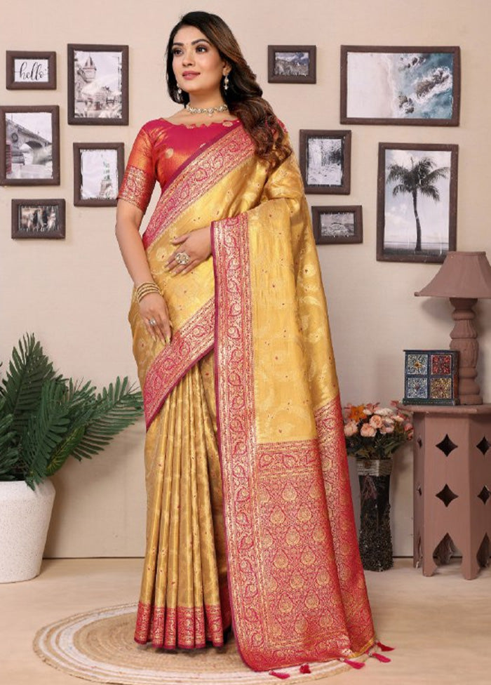 Golden Spun Silk Saree With Blouse Piece Sale 100% Authentic