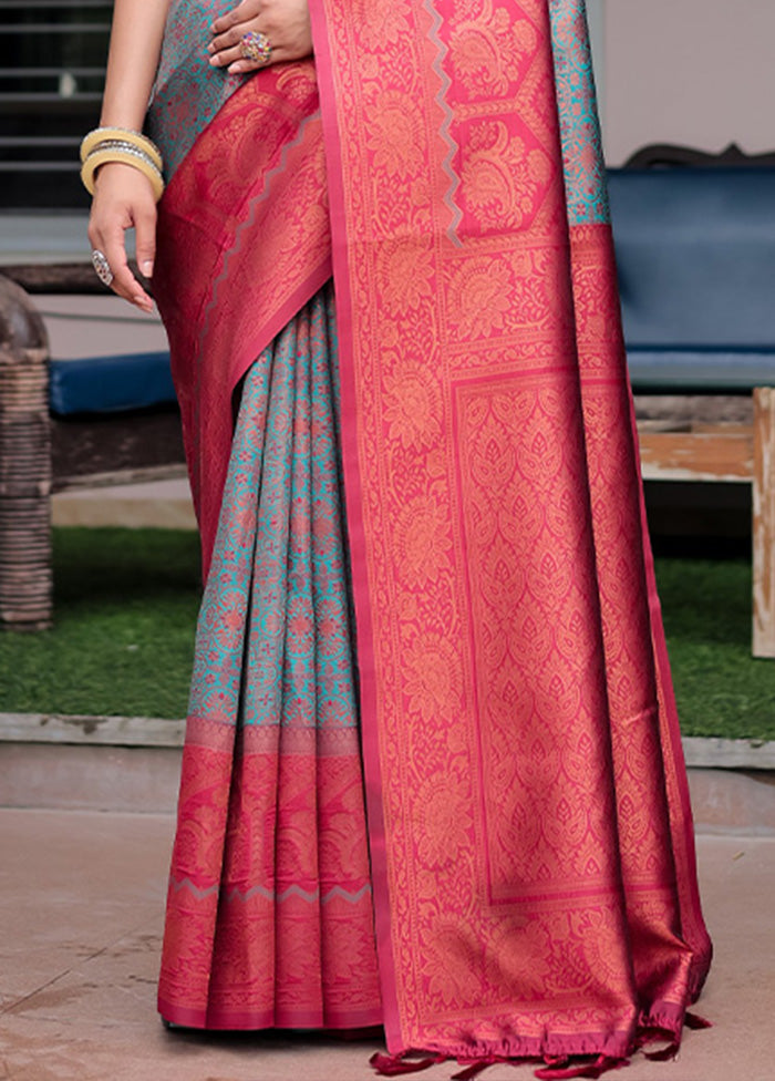 Turquoise Banarasi Silk Saree With Blouse Piece Outlet Choice