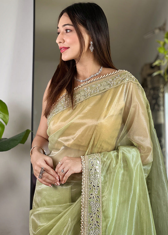 Green Spun Silk Saree With Blouse Piece Cheap Supply